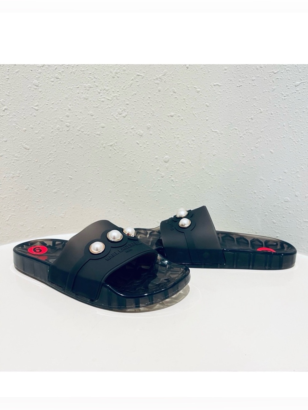 Karl Lagerfeld Logo Pearls Black Jelly Women’s Transparent Tula Slides Sz 6